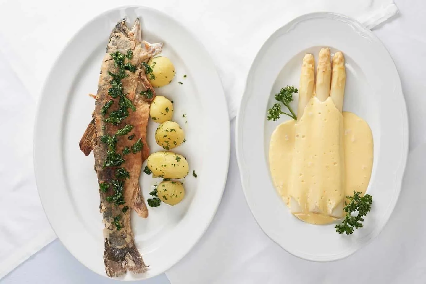 Fish with potatoes and asparagus from our kitchen